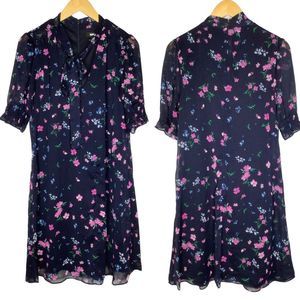 DKNY Navy Floral Print Tie-Neck Shift Dress. Size 10
